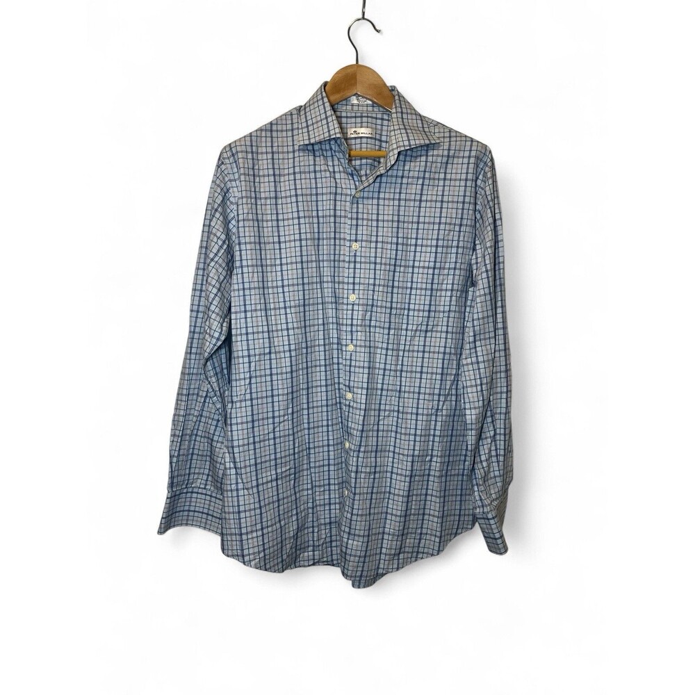 Peter Millar Large 100% Cotton Blue‎ Brown Plaid Long Sleeve Button Up Shirt